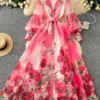 Palace Floral Maxi Dress Women Summer Holiday Long Dresses Shirt 2025 Spring Full Sleeve Single Breasted Pearls Party Vestidos
