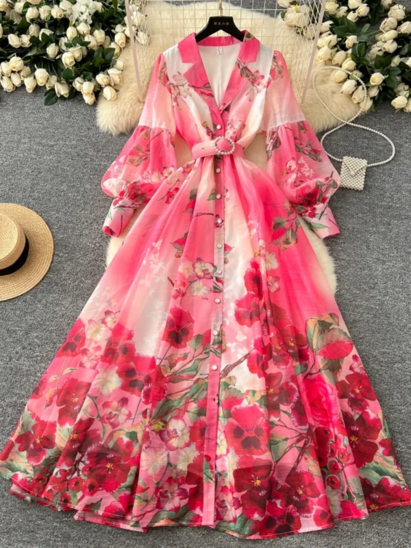 Palace Floral Maxi Dress Women Summer Holiday Long Dresses Shirt 2025 Spring Full Sleeve Single Breasted Pearls Party Vestidos