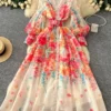 Palace Floral Maxi Dress Women Summer Holiday Long Dresses Shirt 2025 Spring Full Sleeve Single Breasted Pearls Party Vestidos