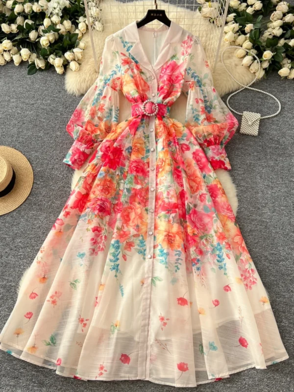 Palace Floral Maxi Dress Women Summer Holiday Long Dresses Shirt 2025 Spring Full Sleeve Single Breasted Pearls Party Vestidos