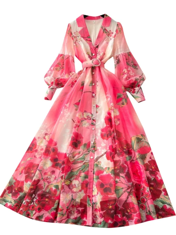 Palace Floral Maxi Dress Women Summer Holiday Long Dresses Shirt 2025 Spring Full Sleeve Single Breasted Pearls Party Vestidos